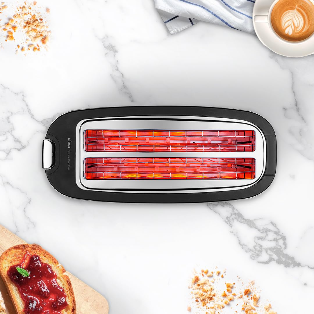 Ufesa Tostadora Toastie Duo Plus 1400W de Acero Inoxidable, 2 Ranuras Largas, 7 Niveles de Potencia, Funciones Recalentar/Descongelar/Cancelar y Bandeja Recogemigas Extraíble