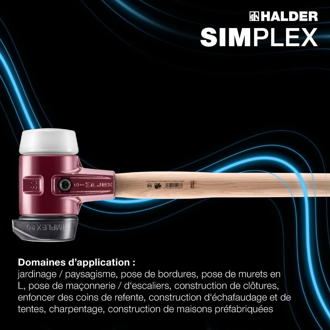 Marteau de frappeur SIMPLEX, Caoutchouc chargé avec pied intégré/superplastique; avec boîtier en fonte malléable, manche en bois hickory de haute qualité | D=80 mm | 3027.281