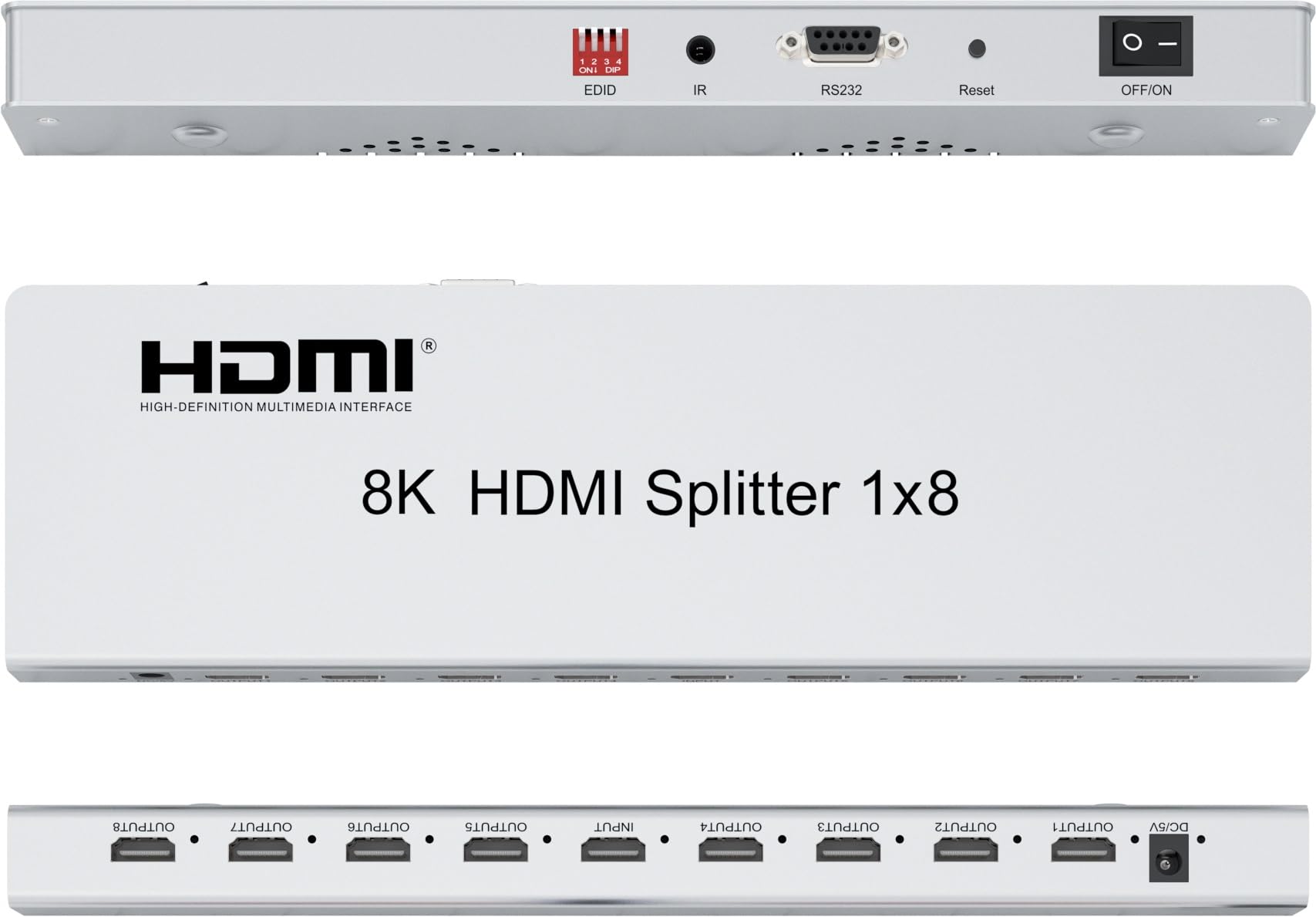 PremiumCord Rozdzielacz HDMI 1-8, Wideo 8K 4320p 60 Hz, 4K 2160p 120 Hz, Full HD 1080p, HDMI 2.1, 40 Gbit/s, HDR10, DolbyTrueHD, CEC, Mała Obudowa Metalowa, Srebrny