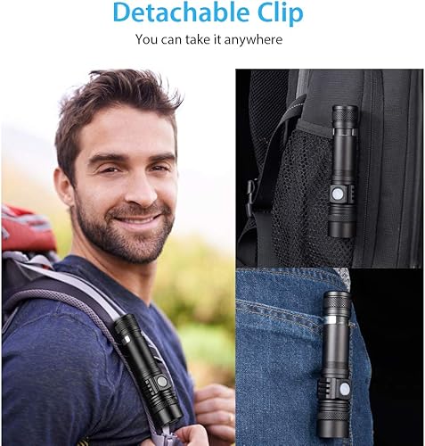 Miniatura 6 de Linternas recargables por USB, linterna LED táctica, 4 modelos, zoomable, impermeable, linterna de alto lúmenes con clip para camping, senderismo y