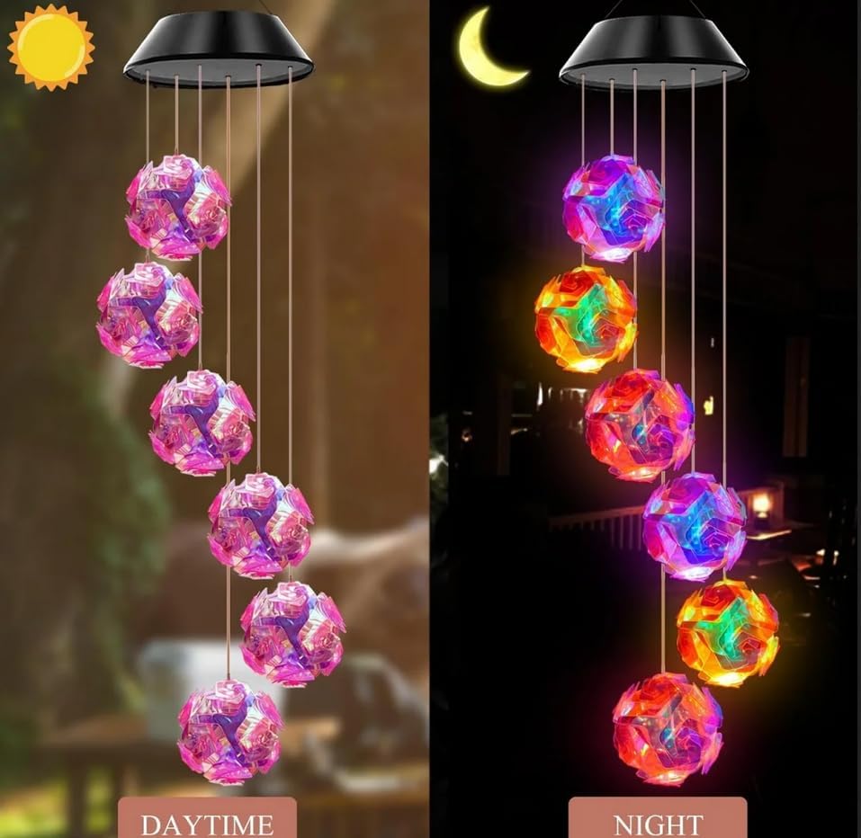 2 Pack Solar Powered Color Changing Pink Embroidered Ball Flower Wind Chime Light Waterproof Outdoor Night Light Hanging Solar Lamp