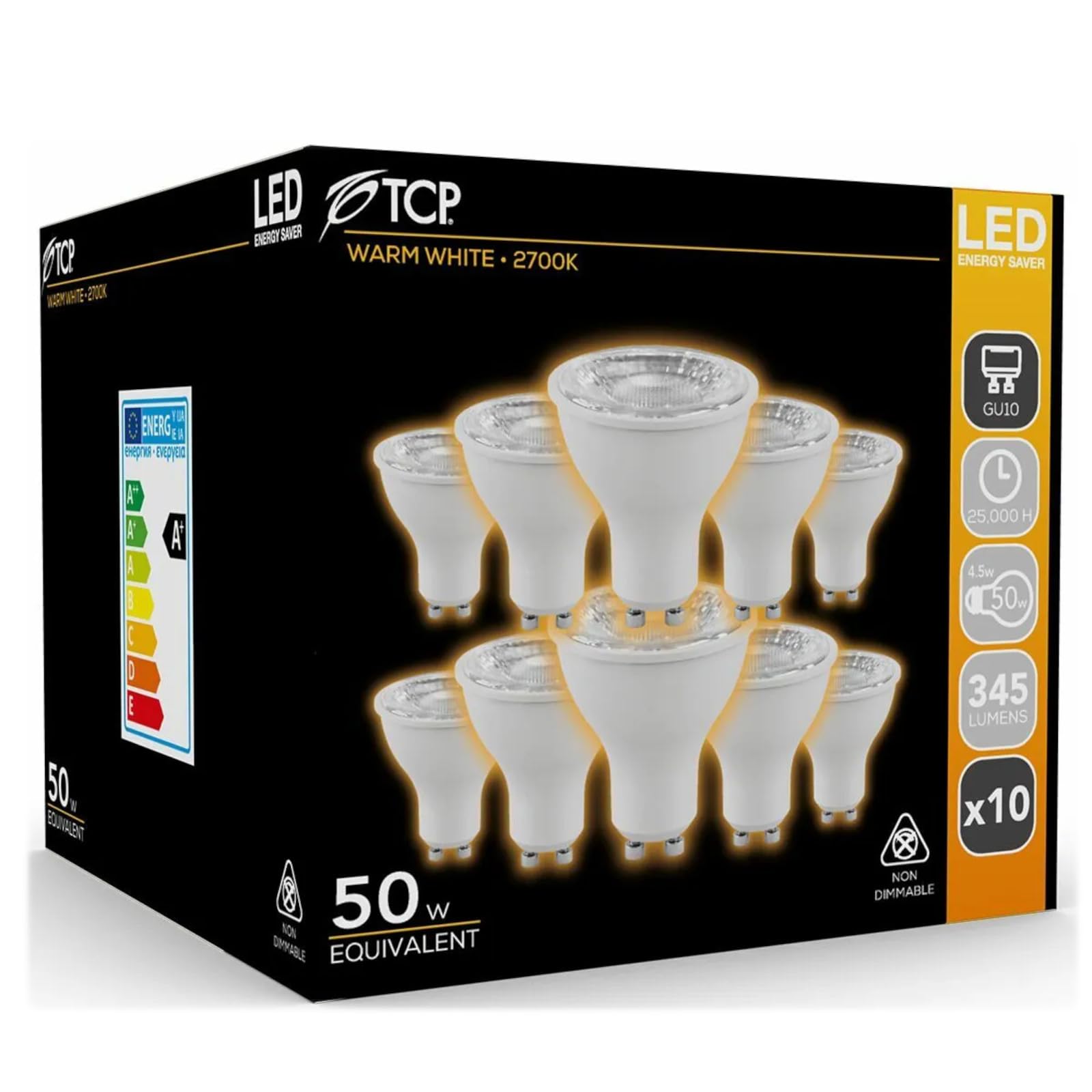 Bamboo Panda TCP GU10 LED Spotlight Bulbs, Warm White 2700K, 345 Lumens, 4.5W, 50W Equivalent, Non-Dimmable, Energy Saver, 10 Pack