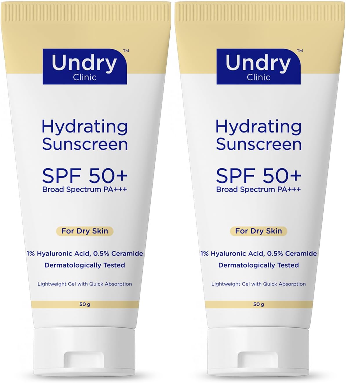 Hydrating Sunscreen SPF 50+ PA+++ | Lightweight Gel with 1% Hyaluronic Acid & 0.5% Ceramide | Broad Spectrum Protection for Dry Skin | Dermatologically Tested | Pack of 2 (50g Each)
