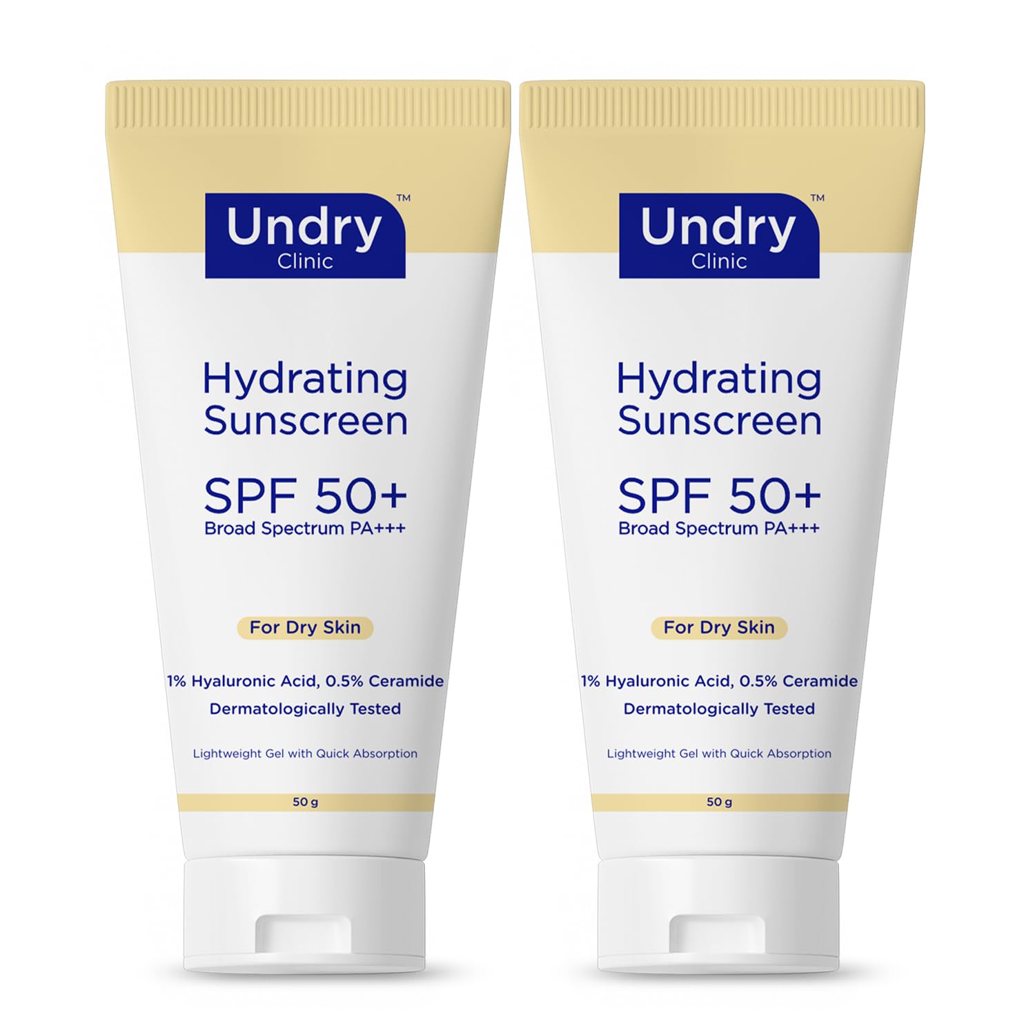 Hydrating Sunscreen for Dry Skin (50gm, Pack of 2) Lightweight,Broad Spectrum Sun Screen Protector SPF 50 for Women & Men; Sun Cream with HA & Ceramide