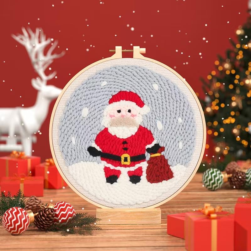 Image of Howie's Punch Needle Kit for Beginner, Cartoon Christmas Hooking Embroidery Kits with Christmas Pattern, Yarns, Tools and Instructions, Creative Craft Home Decor(Santa Claus, 8 inch diameters)