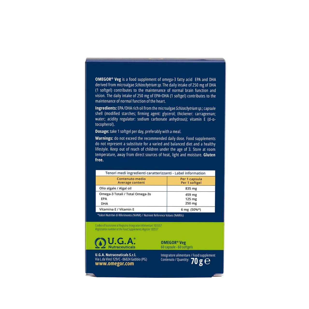 Omegor Veg - Huile de plantes dérivées d’Huile d’ Algues Durables | Le seul certificat IFOS | 250 mg de DHA et 125 mg d'EPA pour la capsule | 60 gélules, approvisionnement en 2 mois | 100% végétalien