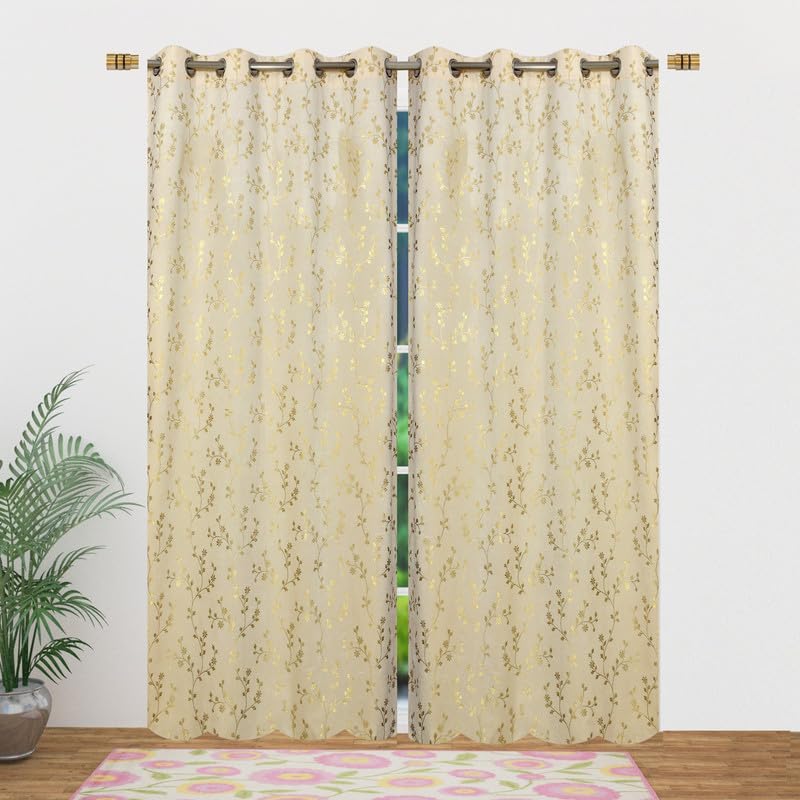 Image of Heavy Velvet Fabric Luxury Looks Room Darkening Floral Designer Curtains 5 Feet for Window, Cream, Pack of 2 Pieces