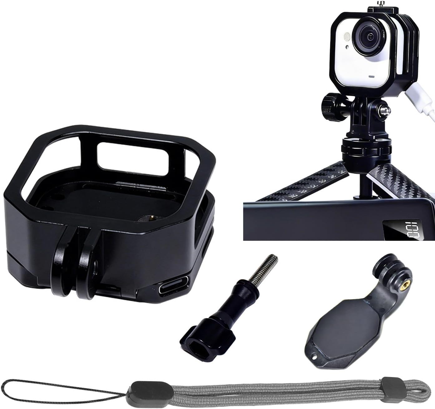 Aluminum Cage Compatible with Insta360 Go Ultra – Multi-Function Mount with Heat Dissipation, Charging Port & 1/4" Thread for Horizontal & Vertical Shooting (Magnetic Neck Charge Cool)