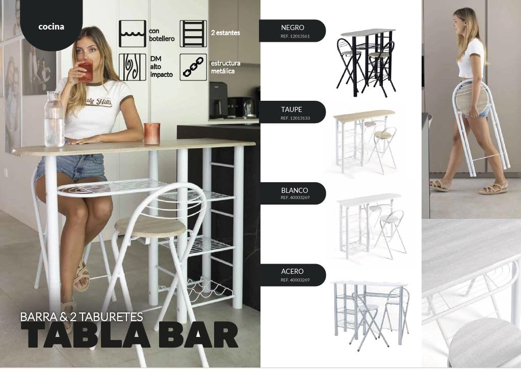 DUPI Conjunto de Mesa de Cocina Bar | Moderna con 4 Estantes | Funcional para Almacenar | Práctica con Taburetes Plegables | Tamaño ‎120 x 40 x 87 cm | Metal y Madera | Taupe/Negro,