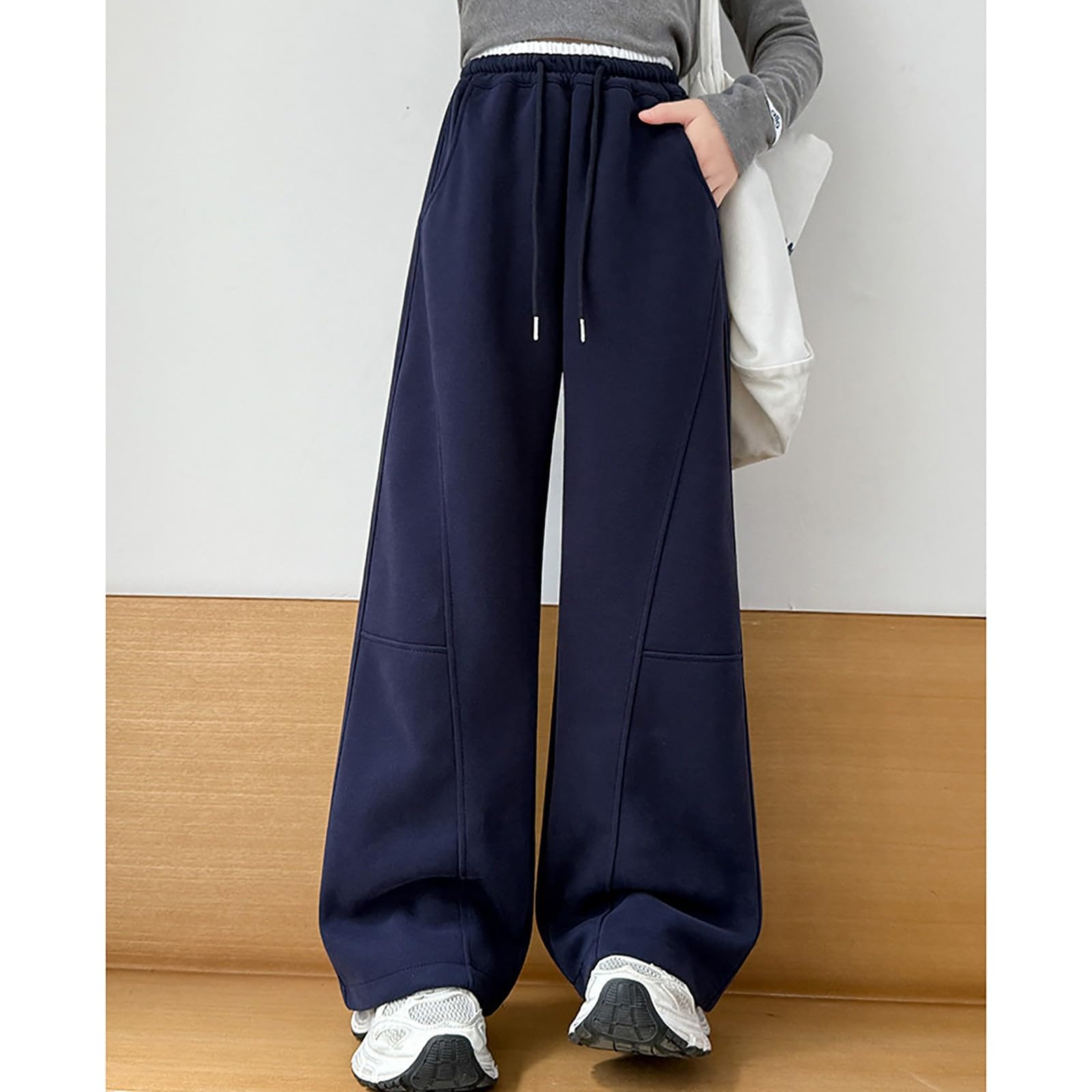 Baggy Gefüttert Sporthose Mädchen Zweifarbig Hohe Taille Sweatpants Girls Wide Leg High Waist Stretch Elastischer Bund Jogginghose Kids Streetwear Trainingshose Kinder