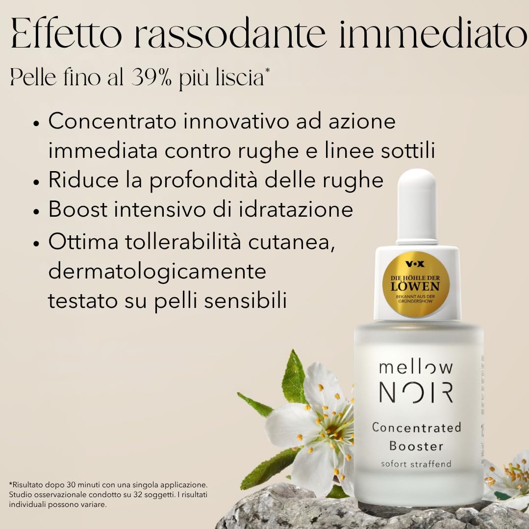 mellow NOIR Concentrated Booster 3x30ml | EFFETTO RASSODANTE IMMEDIATO | Siero viso all'acido ialuronico | Siero contorno occhi | Trattamento occhi e viso | Vegano | Cosmesi naturale certificata