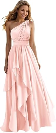 A Line One Shoulder Bridesmaid Dresses for Wedding Ruffles Chiffon Long Formal Evening Party Gowns with Pockets Blush Pink