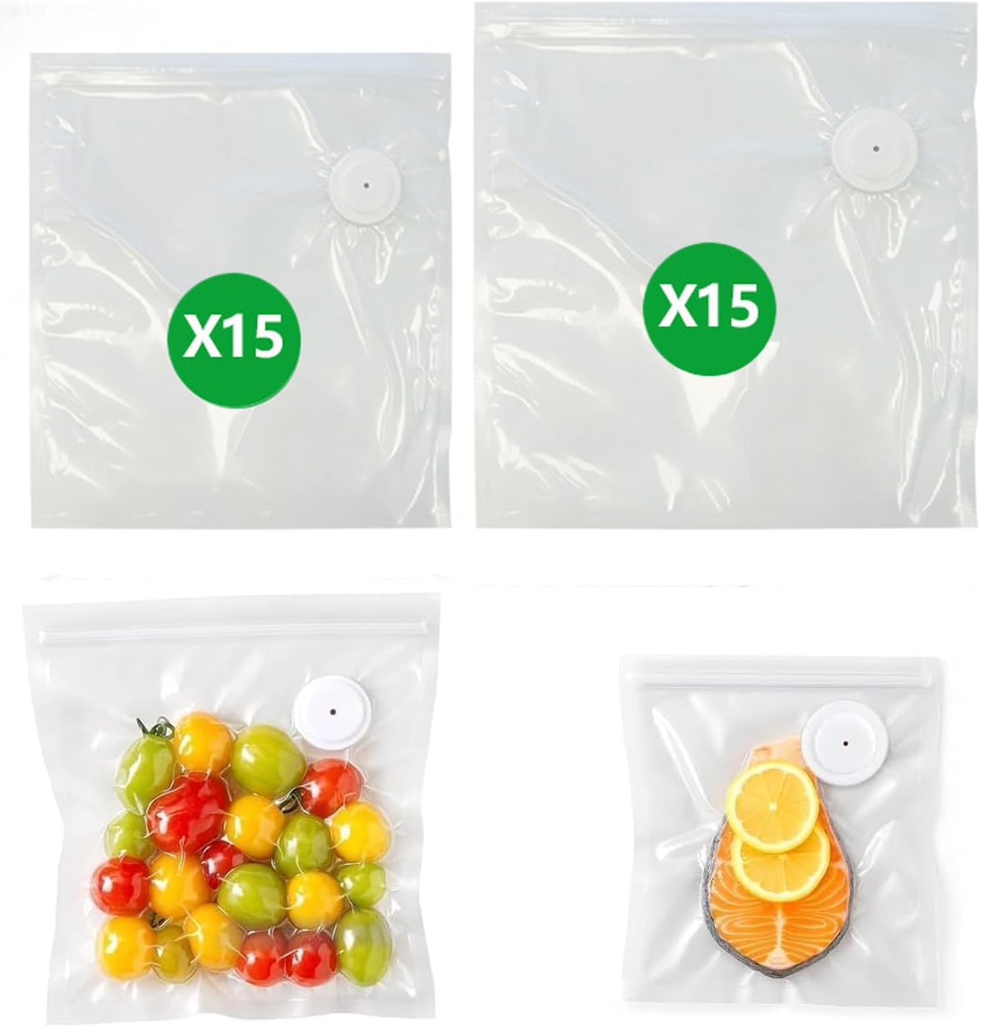 30 Reusable Vacuum Sealer Bags with Air Valve, Food Saver Bags for Sous Vide, Meal Prep & Food Storage, Leakproof Freezer Safe (15S+15L)