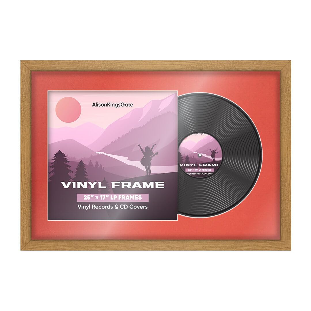Alison Kingsgate 25×17" Vinyl Record Frame for 12 Inch LP Cover & Disc - Premium Sleek Display Photo Frames - Engineered Wood with Perspex Front - Oak with Poppy Red Mount for Music Lovers