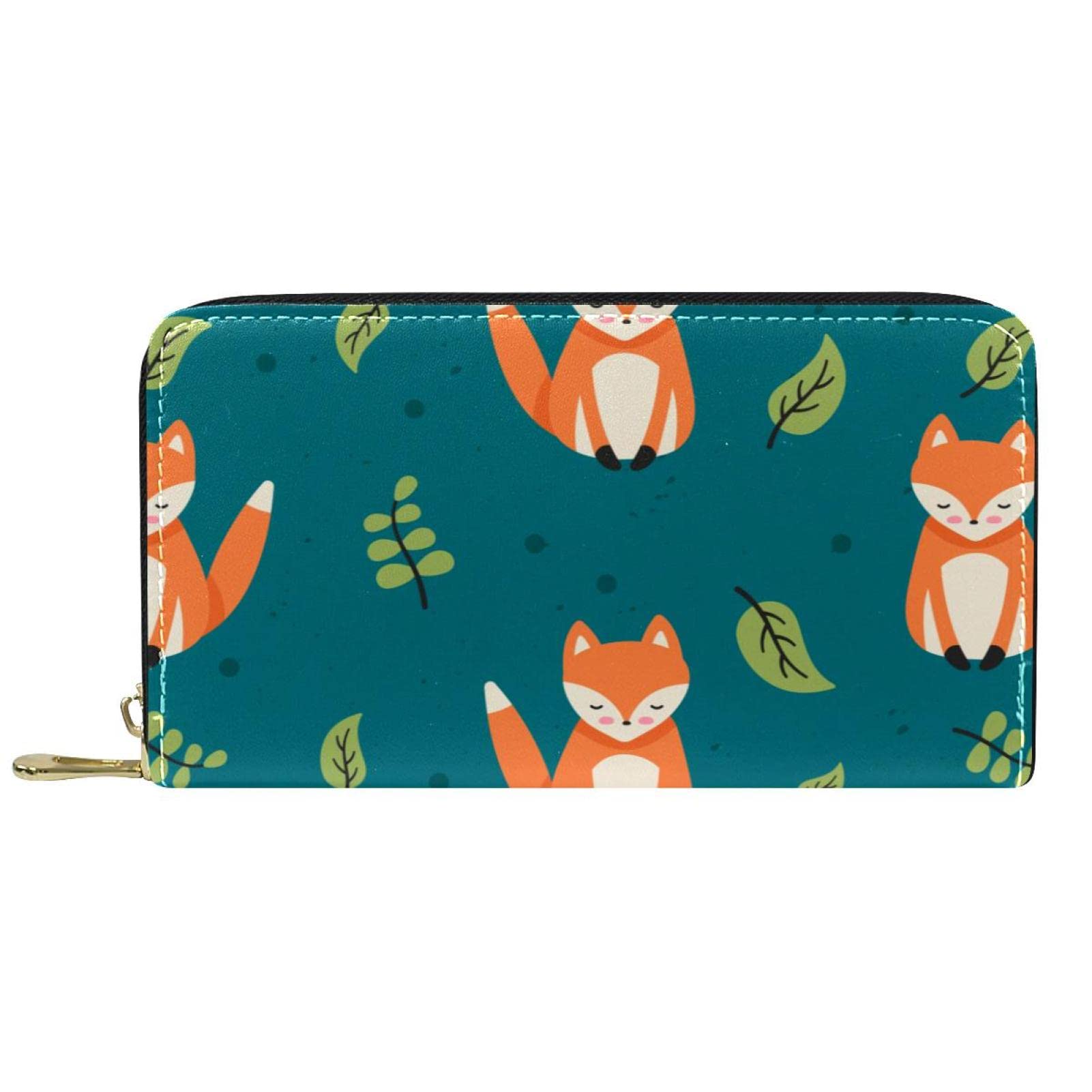 Cartera larga de cuero con cremallera de dibujos animados con patrón de hojas de arce, Varios colores, 20.5x2.5x11.5cm/8.07x1x4.53 in, Classic