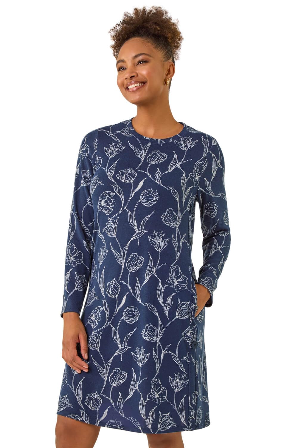 Roman Women's Navy Floral Print Side Button Stretch Dress In Size 18