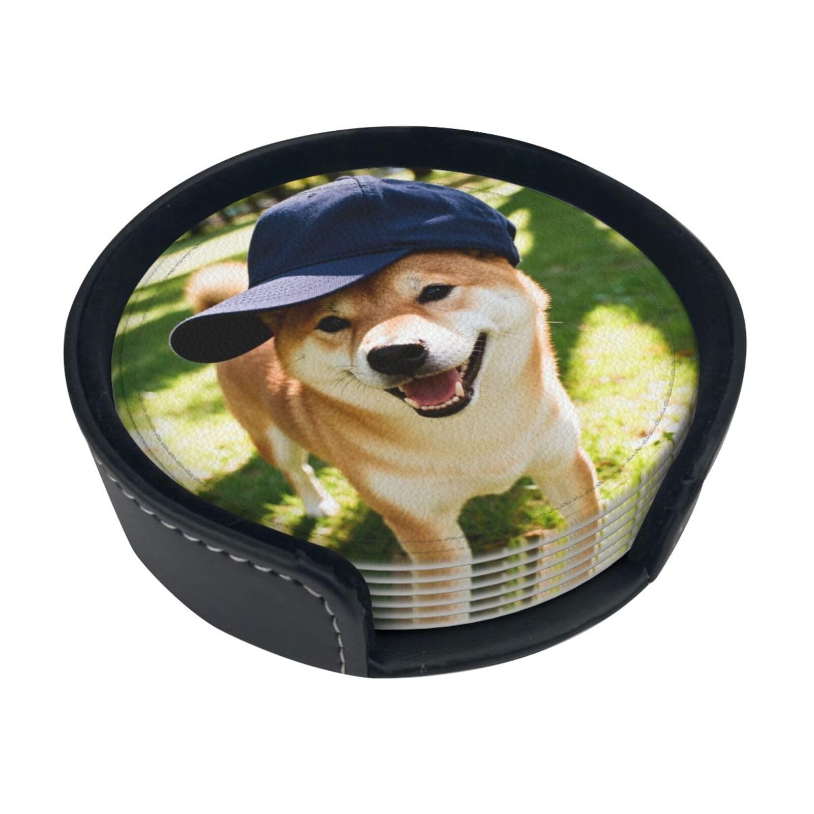 Cntdbu White Cute Shiba Inu Leather Coasters Set Of 6-Pu Leather Drink Mats For Table, Heat Resistant Round Coasters With Holder
