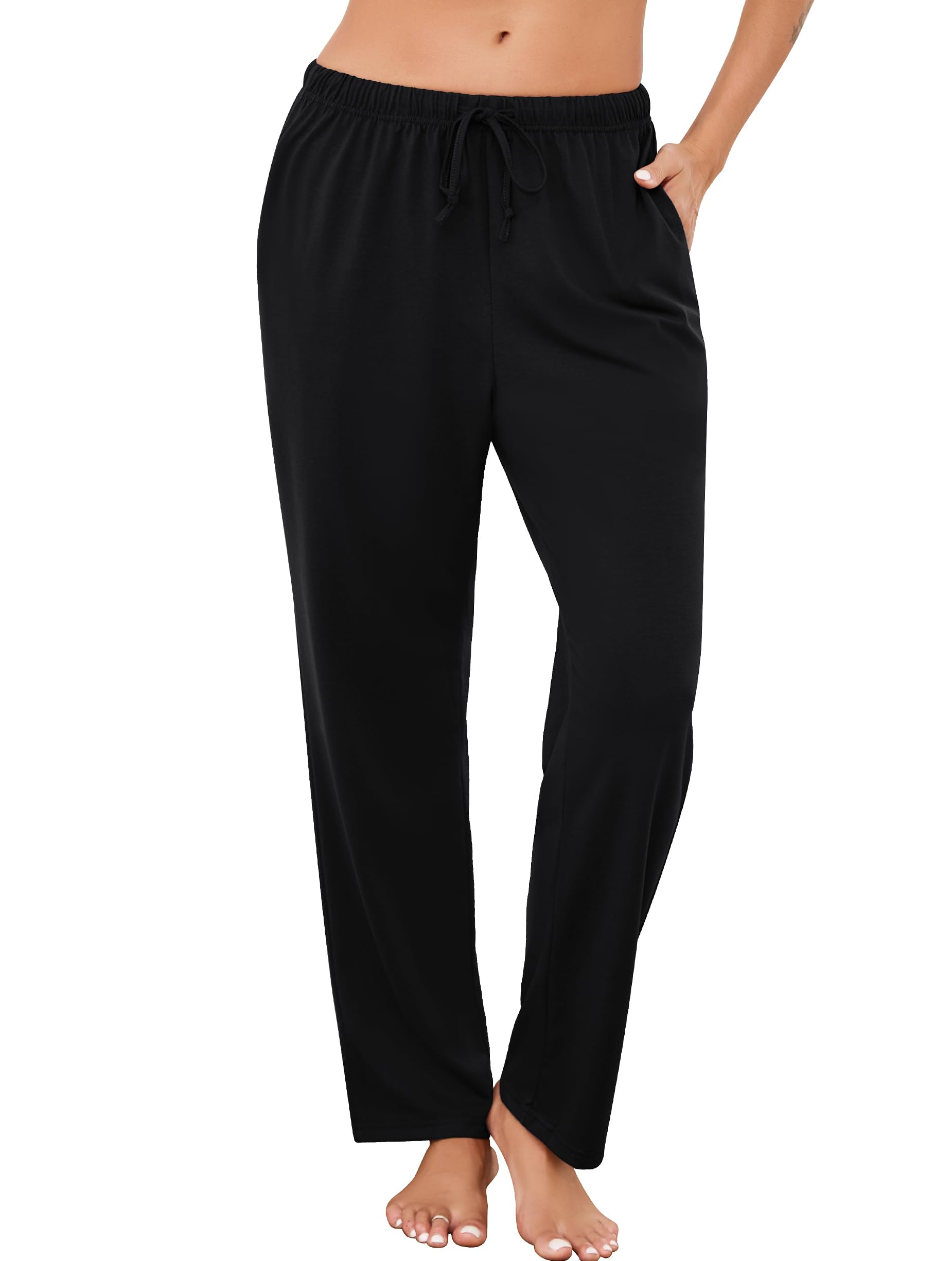 Vlazom Pantalon de Pyjama Femme Coton Bas de Pyjama à Taille Ajustable | Coton Doux et Respirant, Ceinture Élastique avec Cordon, Poches Pratiques, Coupe Droite Confortable
