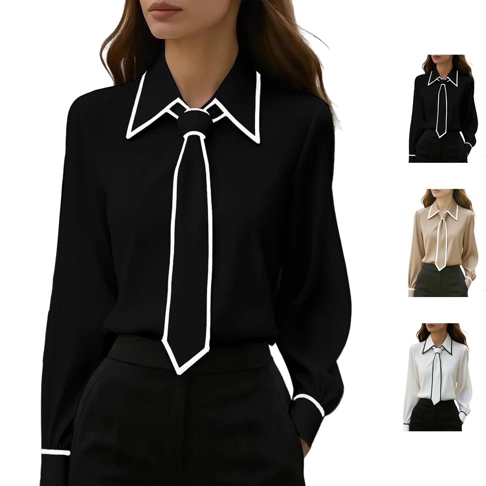 Camisa de manga larga con botones para mujer, elegante, delgada, para negocios, trabajo, blusa de satén con lazo en el cuello, elegante, informal, para la oficina
