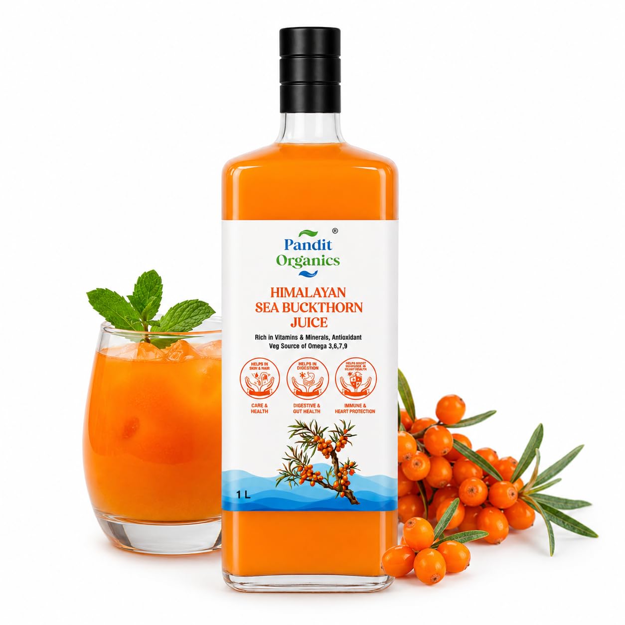 Pandit Organics Himalayan Sea Buckthorn Pulp Concentrate 1 Liter | Cold-Pressed | Makes 200 Glasses | Natural Vitamin C, Omega 3 6 7 9, Antioxidants | Immunity, Skin Glow & Gut Health Support | Juice Seabuckthorn | 1 Liter Glass Bottle
