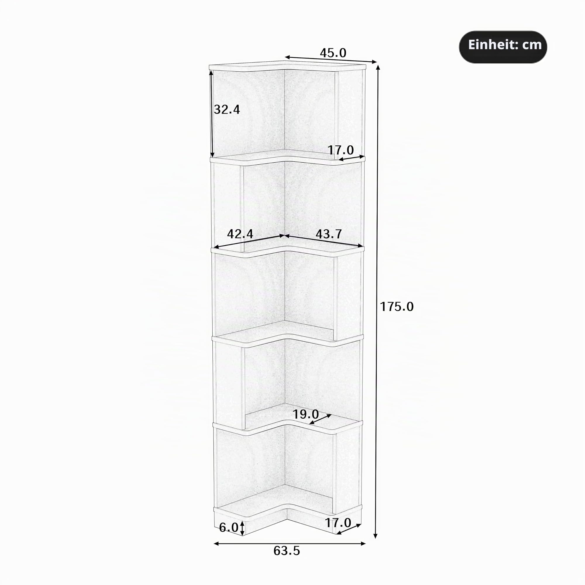 BTM Eckbücherregal mit LED-Lichtleiste Eckregal Holz Stehend Wohnzimmer Bücherregal Schmal, Braun 63.5 x 45 x 175cm