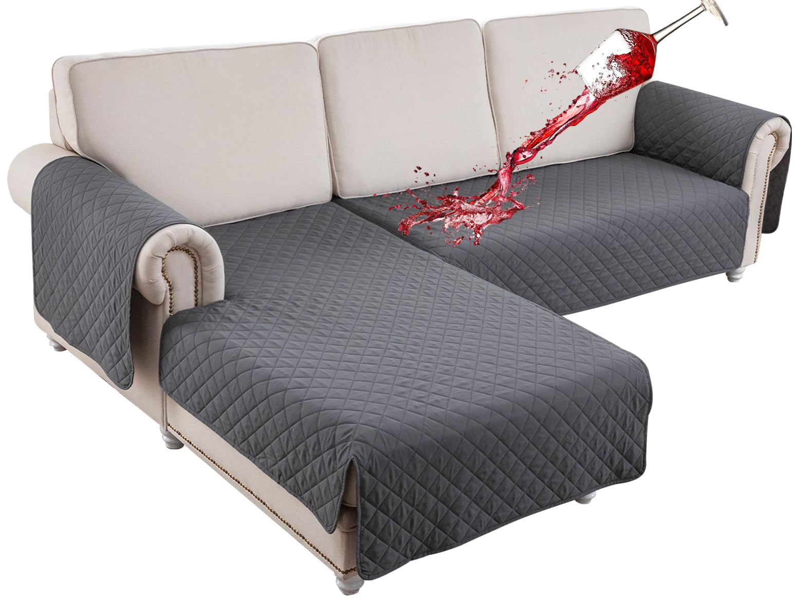 BT.WA Sectional Couch Covers Waterproof L Shape Sofa Cover 2-Piece Reversible Couch Slipcover with Chaise Cover Durable Furniture Protector Sofa Slipcovers for Pets Dog Cat (Small, Dark Grey)