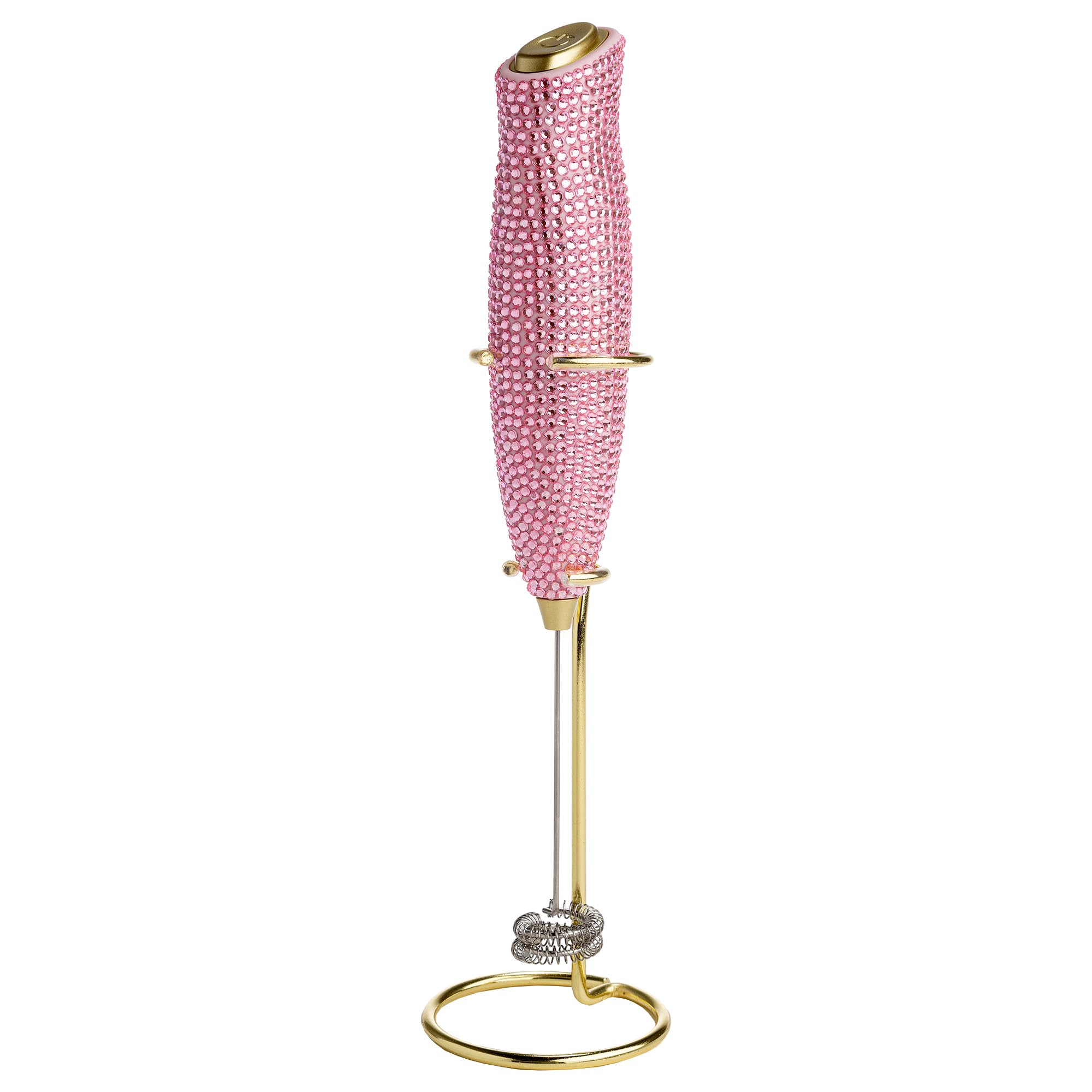Paris Hilton Electric Rhinestone Handheld Milk Frother with Double Coil Head Whisk and Gold Metal Stand, Battery Powered (2 AA Batteries Required but Not Included), Pink