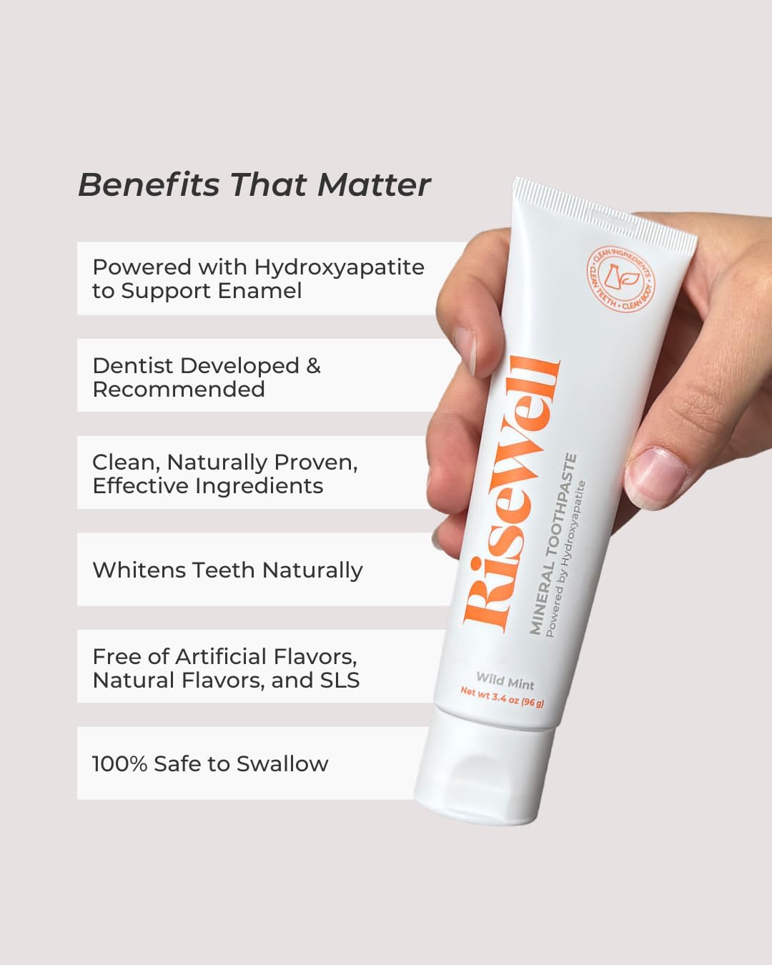 RiseWell Mineral Toothpaste - All Natural Toothpaste with Hydroxyapatite - Made in the USA, Natural SLS-Free Toothpastes - for a Stronger and Healthier Teeth, Wild Mint, 3.4 Oz