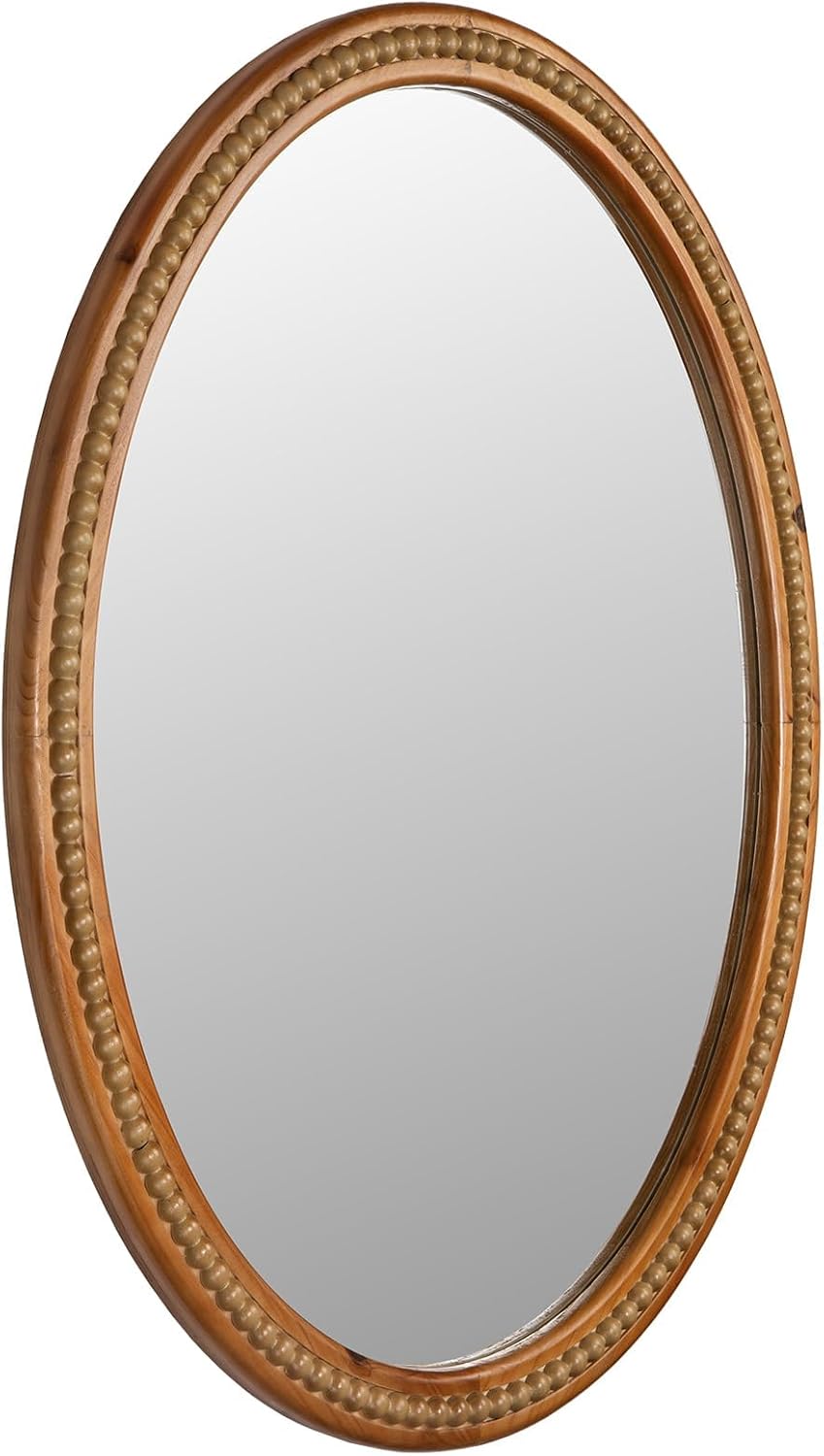 24" x 32" Wall Mount Wood Beaded Frame Oval Mirror, Warm Brown Real Glass Modern Farmhouse Decorative Mirror for Bathroom Vanity, Entryway, Bedroom