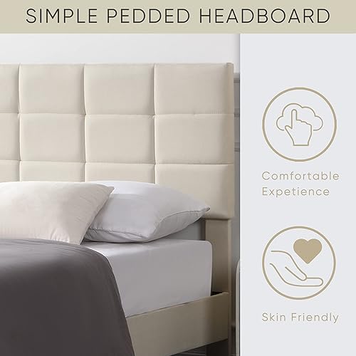 Miniatura 4 de CNANXU Marco de cama de madera de tamaño matrimonial con cabecera tapizada de tela y marco de metal cama de plataforma de madera con listones de