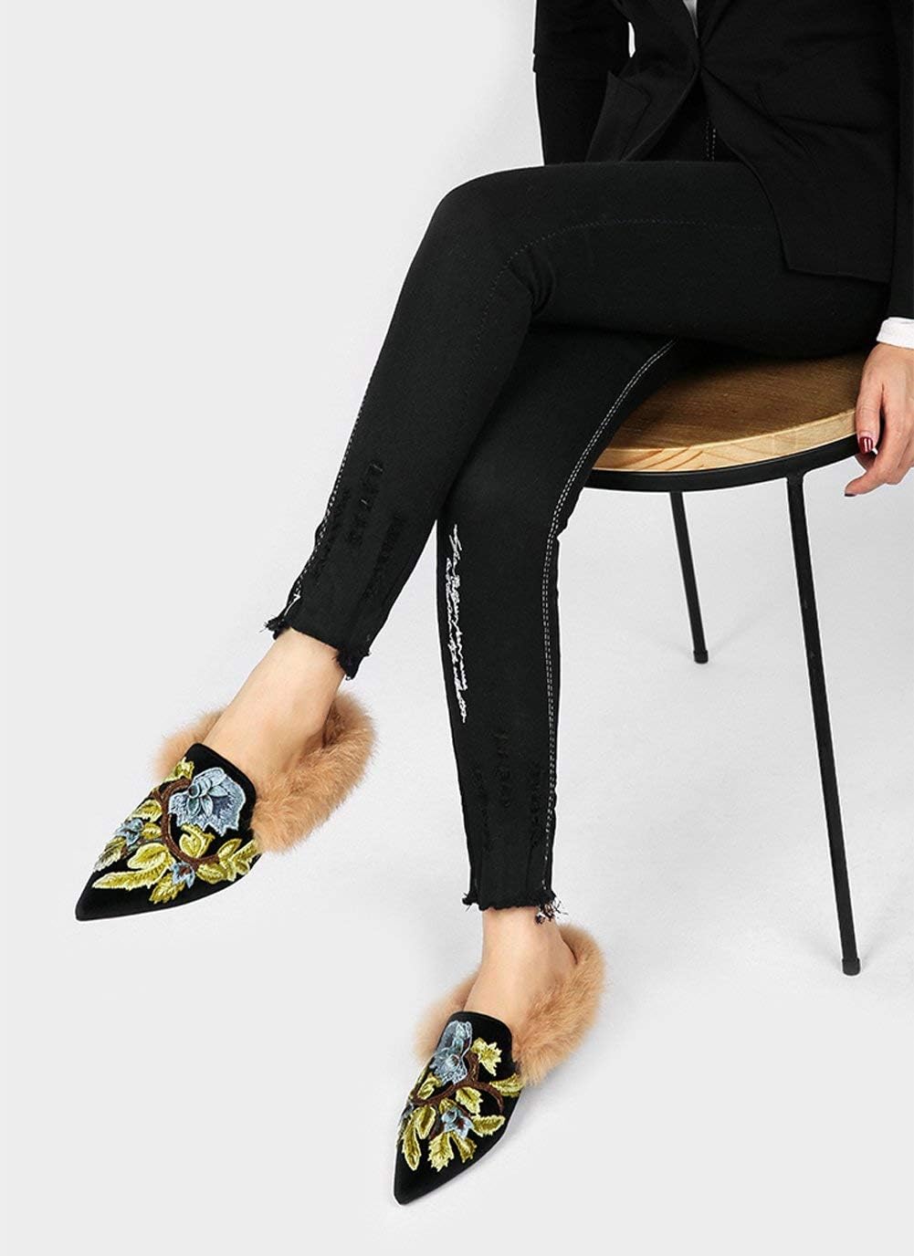 Fericzot Slip On Loafers Womens Embroidery Mule Shoes with Plush Lamb Fur Velvet Slippers Backless Pointed Toe Mule Slides - Image 5