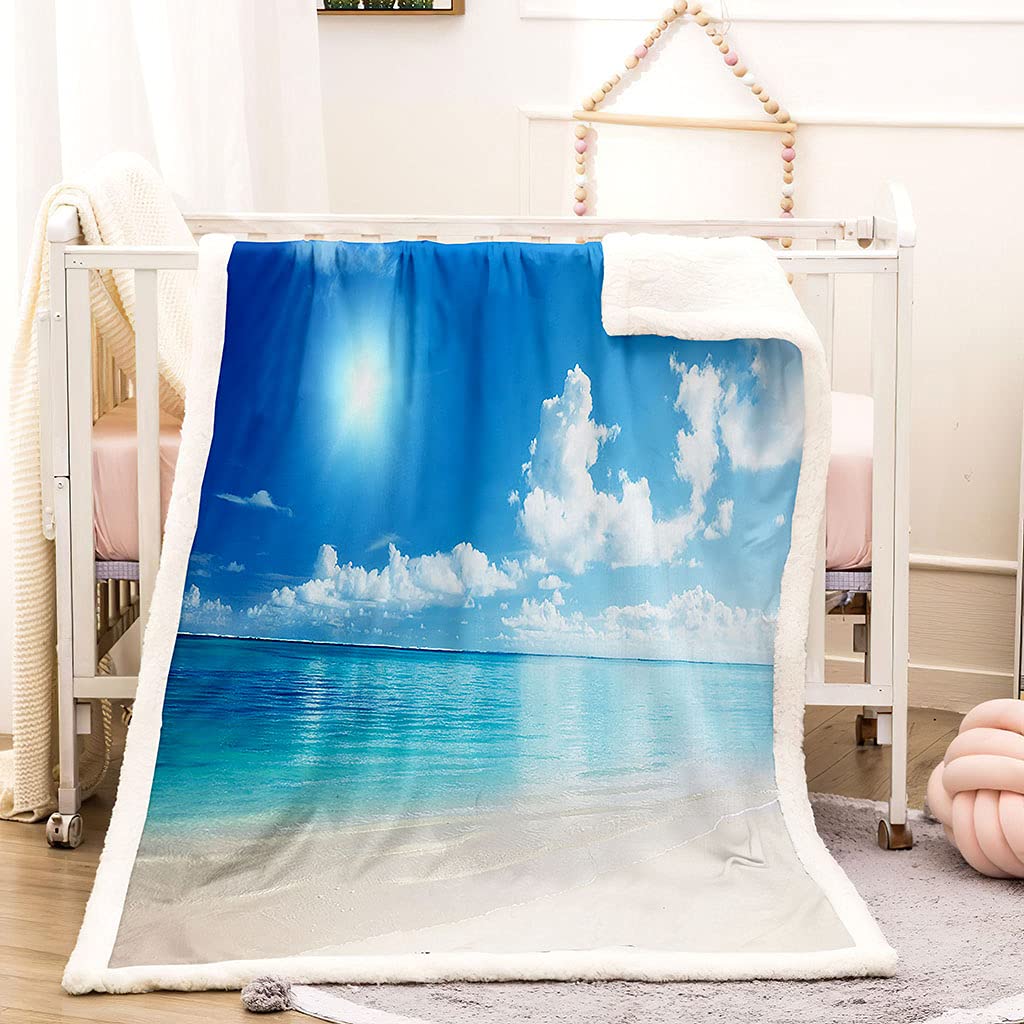 Manta De Franela De Microfibra 150X200Cm Manta De Felpa Suave Para Sofá Cama 3D Cielo Azul Y Paisaje Marino De Nubes Blancas. Impresión Patrón Manta Polar Invierno Gruesa Y Esponjosa Caliente Trans
