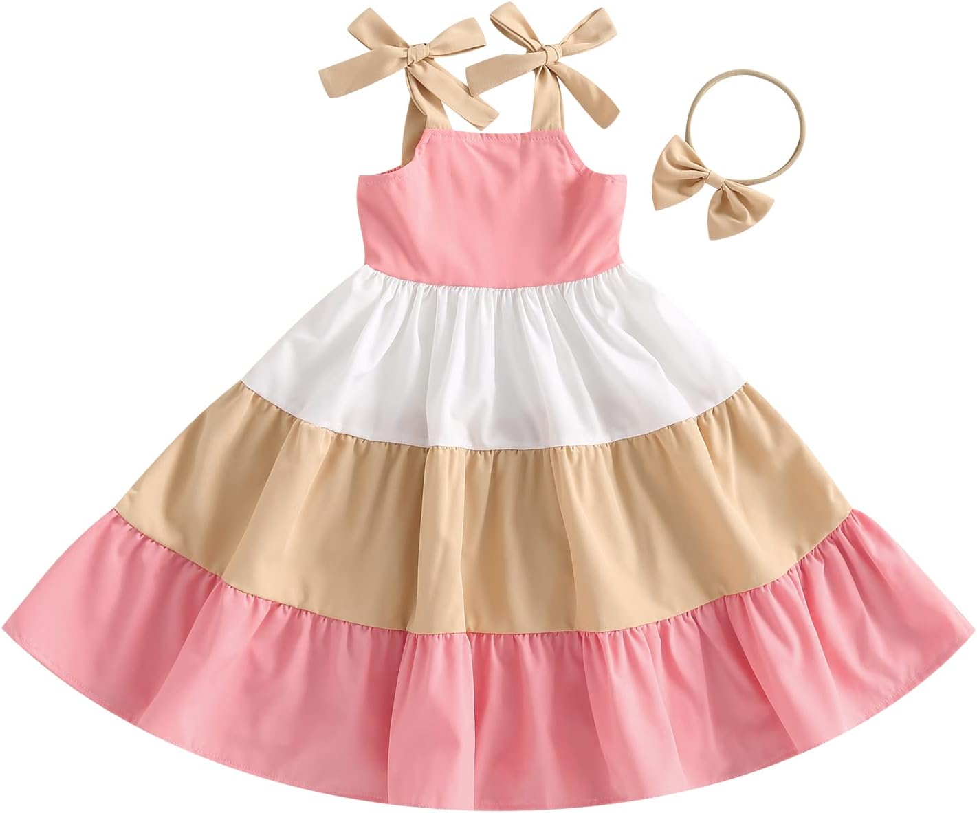 MoZiKQin Toddler Little Baby Girl Dress Suspender Strap Color Block Dresses Princess Beach Summer Sundress with Headband