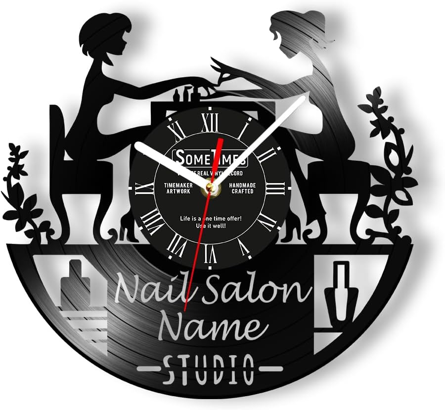 The Geeky Days Custom Nail Salon Vinyl Record Wall Clock, Personalized Manicurist Wall Clock Nail Art Wall Watch Clock Silent Movement Battery Operated for Nail Technician Business Beauty Salon 12''