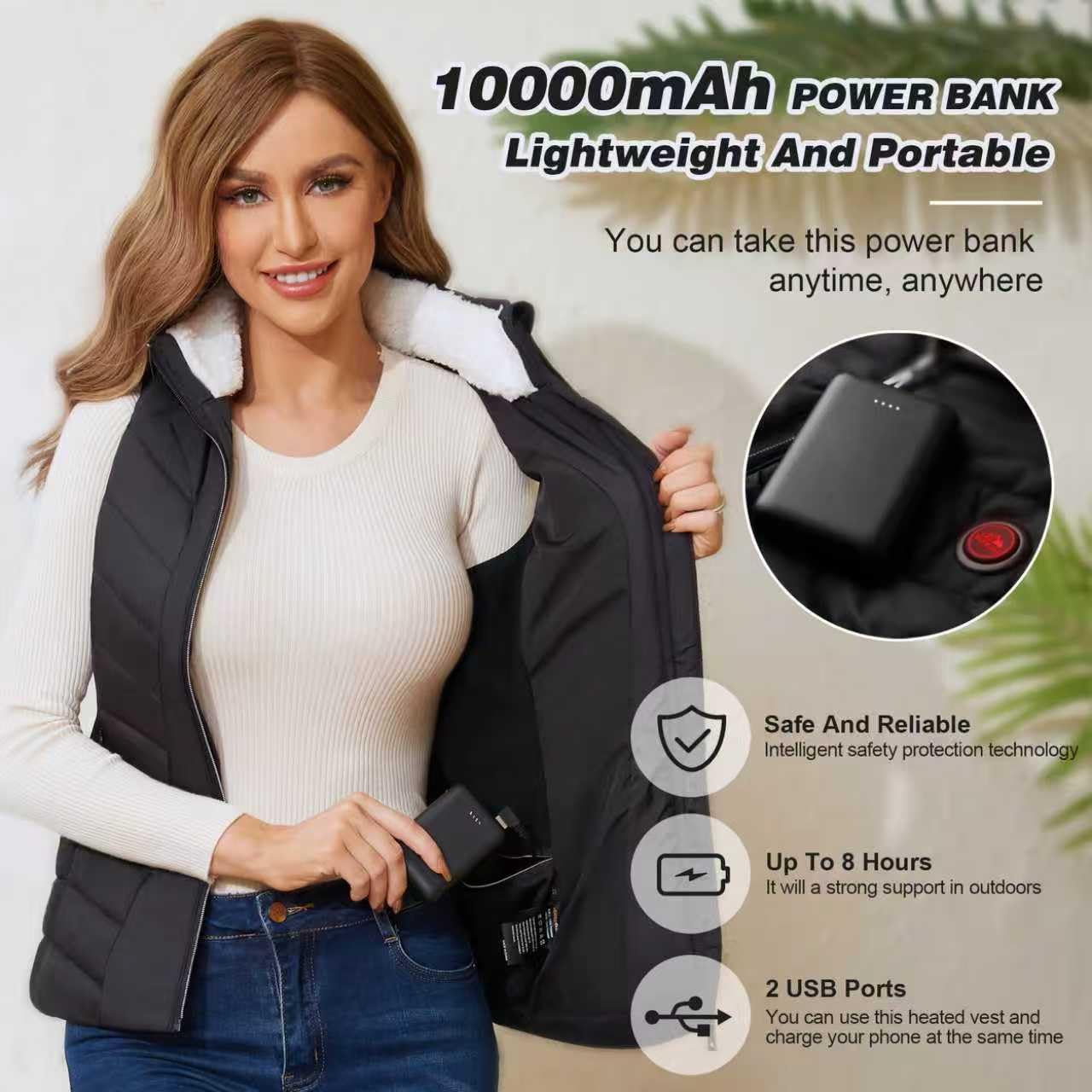 Vofuoti Beheizbare Weste Damen mit 10000 mAh Powerbank,Weihnachten Geschenk für frauen,Slim fit Wärmeweste Leichtgewicht Heizweste mit 5 Heizbereich,Beheizbare Jacke Damen für Innen,Außen,Einkaufen