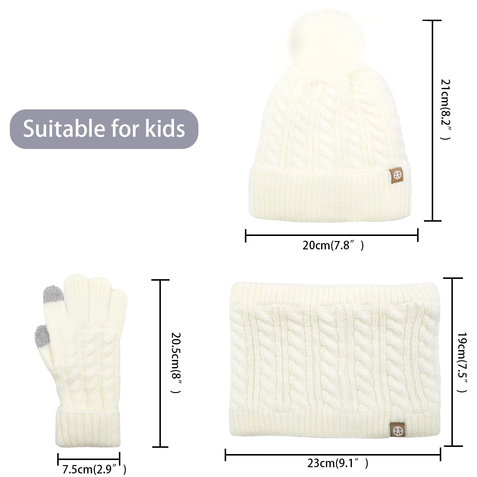 Lifup Chaud Écharpe et Gants Bonnet Ensemble pour Garçons Filles de 5 à 12 Ans, Bonnet Enfant Hiver avec Pompon, Épaisse Doublure Polaire Écharpe Chapeaux