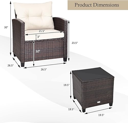 Miniatura 6 de KOTEK Juego de muebles de patio de 3 piezas, juego de conversación al aire libre con cojines lavables y mesa de vidrio templado, juego de bistró de