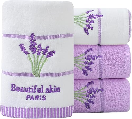 Pidada Juego de 4 toallas de mano 100% algodón lavanda floral para baño de 13.8 x 29.5 pulgadas (blanco y morado)