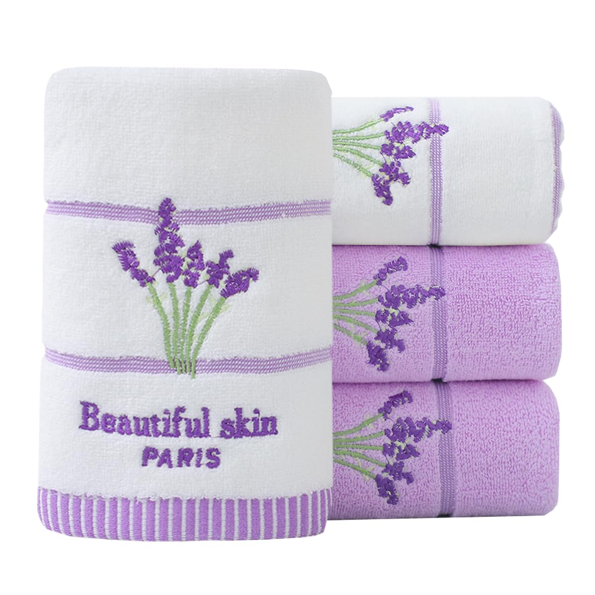 Pidada Hand Towels Set of 4 Lavender Floral Pattern 100% Cotton Soft Absorbent Decorative Towels for Bathroom (2 White 2 Purple)
