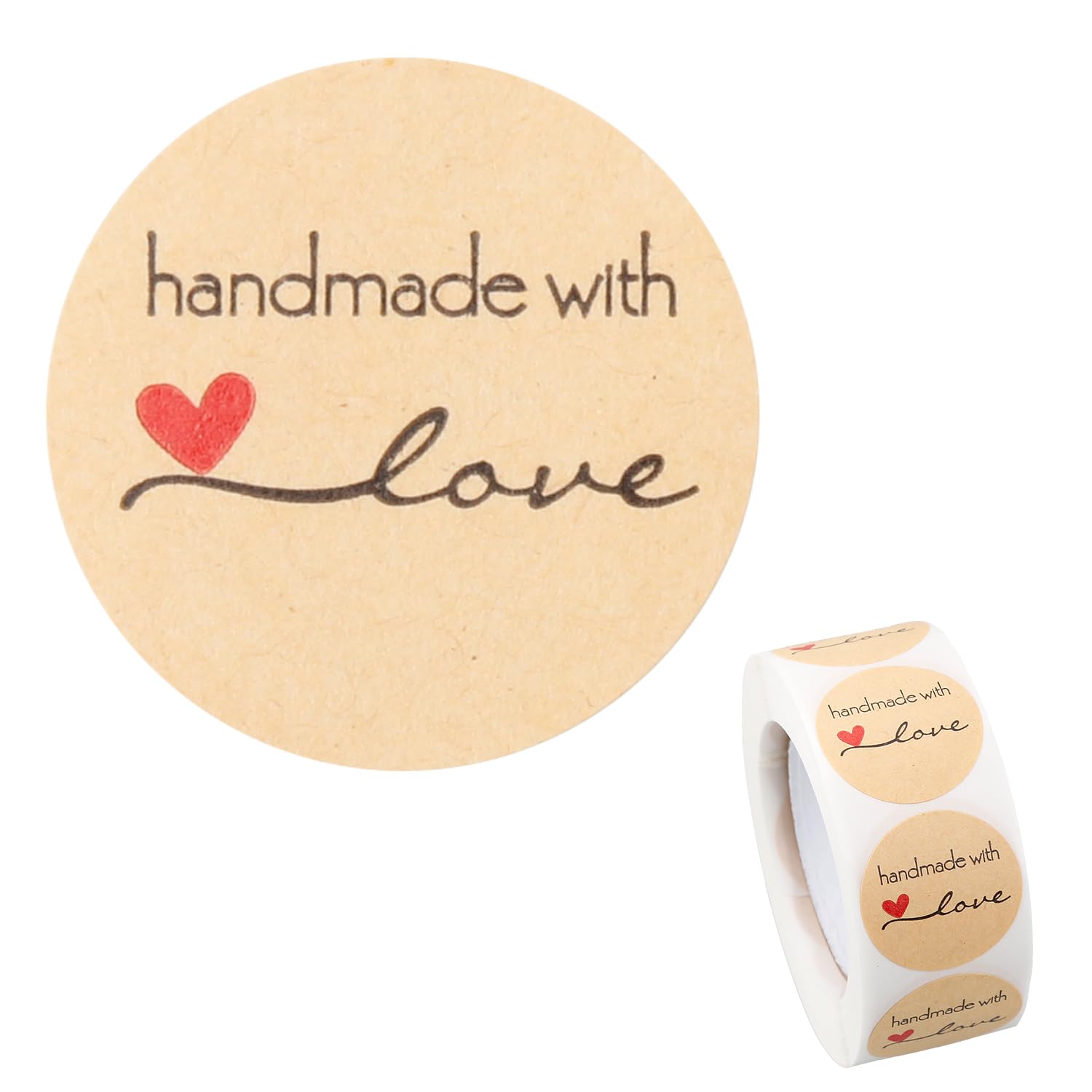 Rumyve 500 Pcs Round Label Stickers,1 Roll Self-Adhesive Kraft Stickers,Hand Made with Love Labels for Envelopes Scrapbooks Dessert Baking Homemade DIY Gifts Decorating