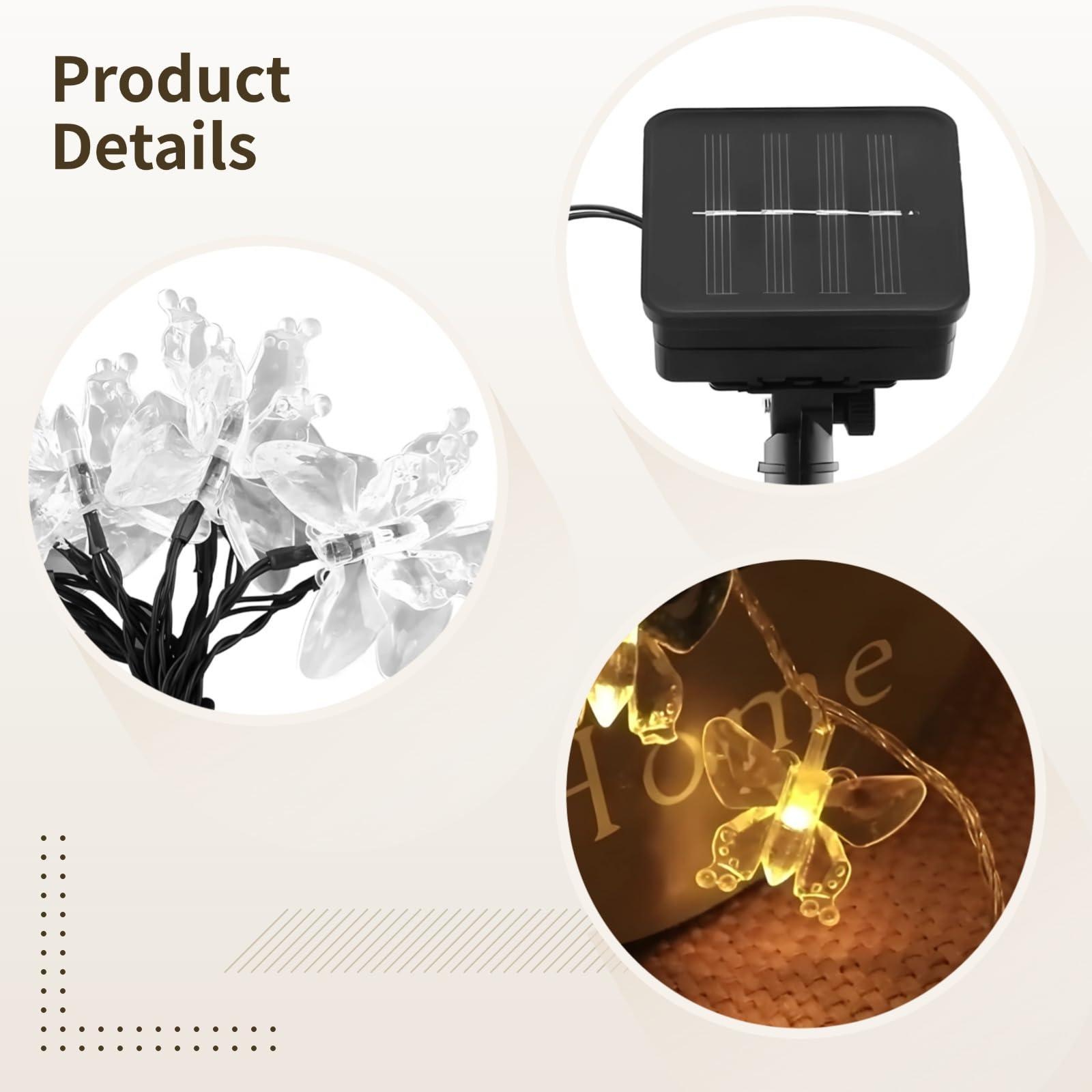 Ciepłe żółte lampki motylkowe, 100 diod LED, solarne światła zewnętrzne, 12 m, zasilanie bateryjne, IP65, do dekoracji podwórka, ogrodu i świąt
