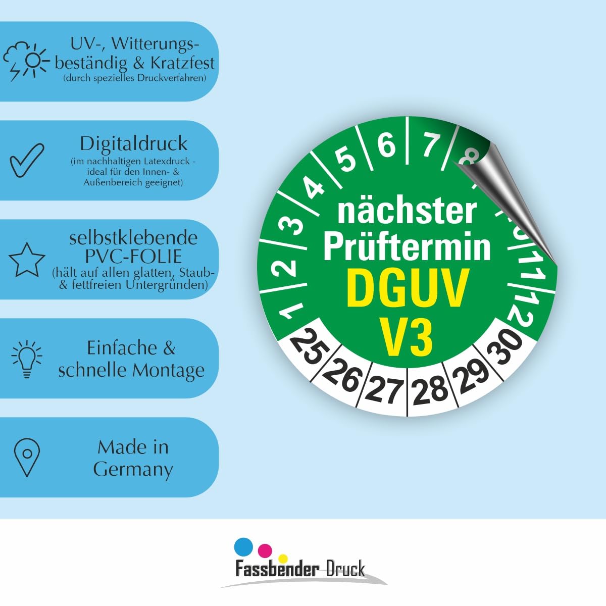 Hochwertige Prüfetiketten DGUV V3 Prüfung Ø 30mm - Selbstklebende PVC-Folie - Wartungsetiketten für Prüfung - Prüfplakette für Prüfungsnachweis (1000 Stück)