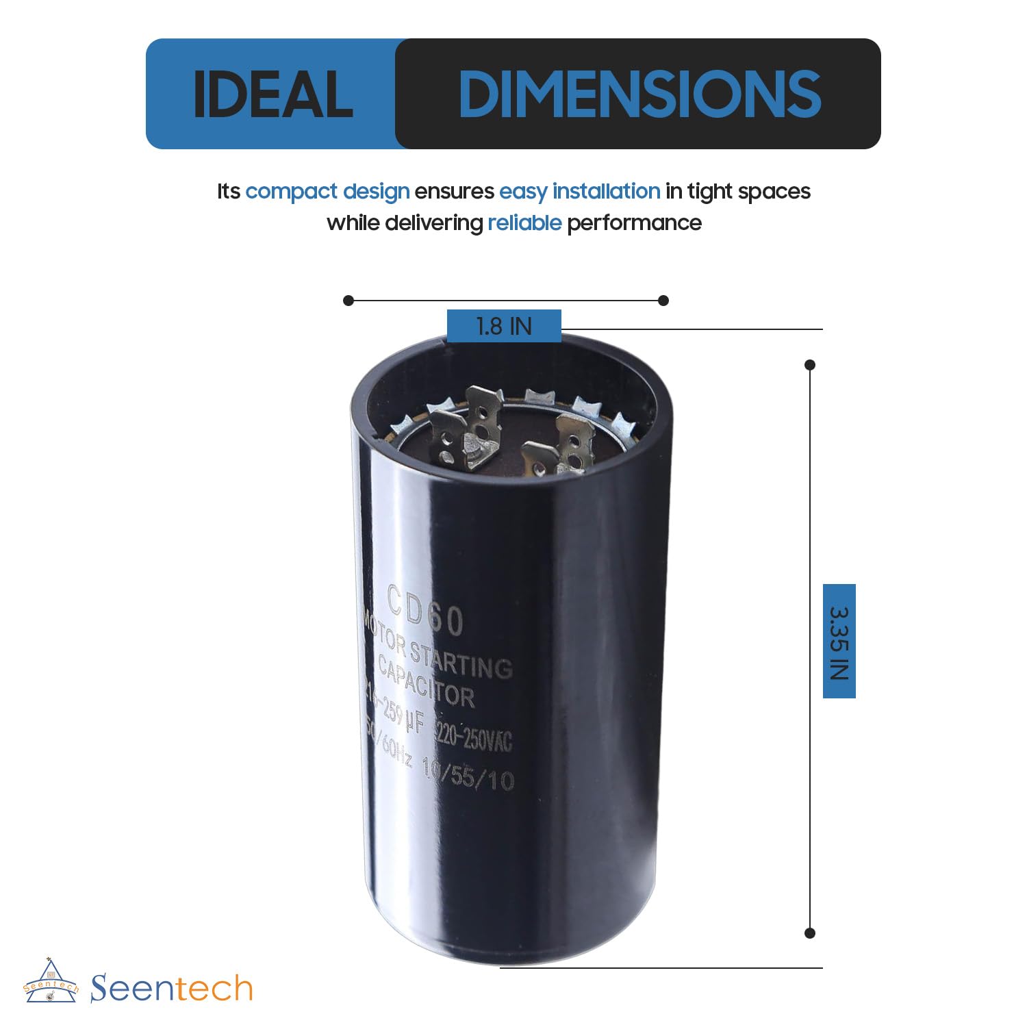 Seentech 216-259 uf/MFD 220-250 VAC ±20% CD60 Round Motor Start Capacitor 50/60 Hz AC Electric Motor Universal Fit for AC Motor Run or Fan Start and Cool or Heat Pump Air Conditioner