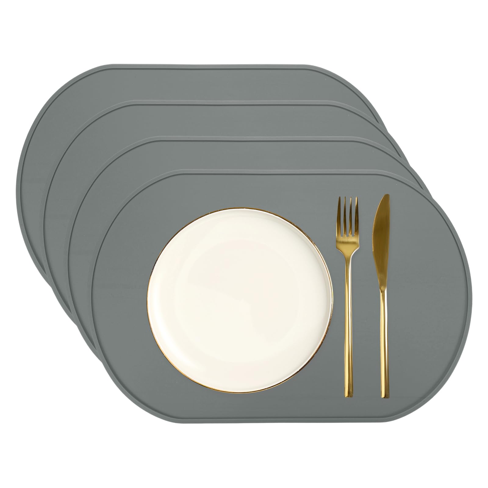 sourcing map 4 Pcs Oval Silicone Placemat, 15.4" x 10.4" Non-Slip Washable Table Placemats Heat Resistant Waterproof Mat with High Edge for Table Kitchen Desk Protection, Dark Gray