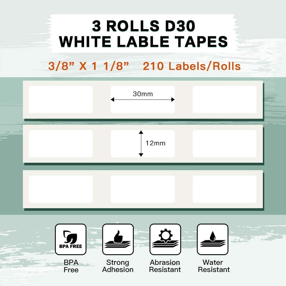 Phomemo D30 Étiquettes Adhésives 12 mm x 30 mm, 3 rouleaux, blanc