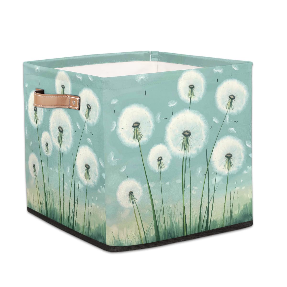 Oil Painting Dandelion Foldable Storage Cube with Leather Handle, Fabric Organizer Collapsible Laundry Basket for Closet Bedroom Nursery Office Toy Storage 33x33x33 CM