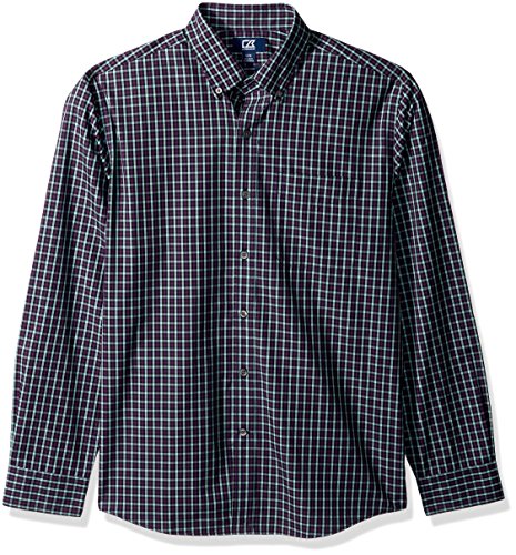 Cutter & Buck Men's Medium Plaid Easy Care Button Down Collared Shirts, Aquastone Blue Barrett Check, Large