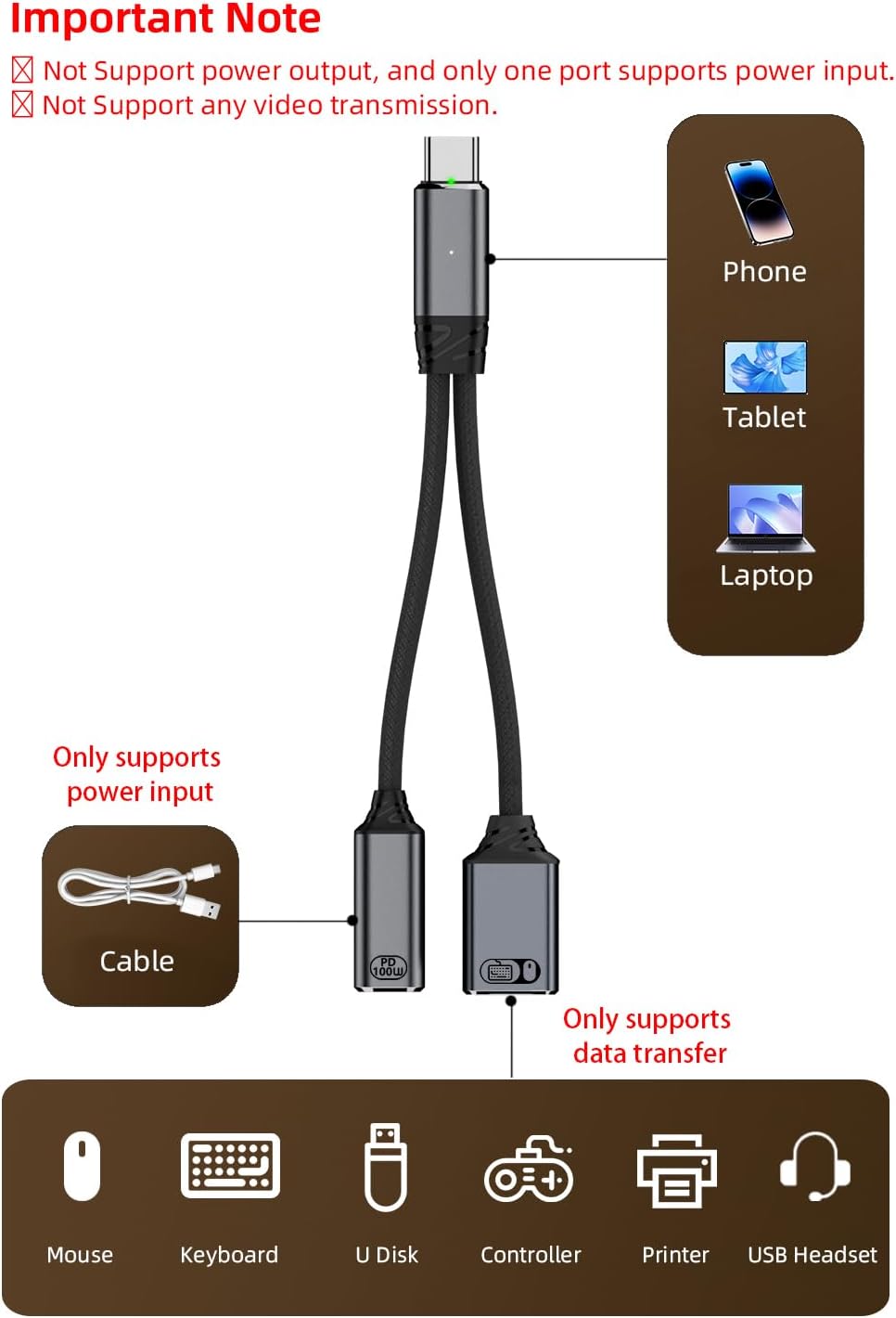 Jadebones USB C to USB OTG Cable and Charger Adapter, 2-in-1 USB-C Splitter with 100W Fast Charging for iPhone 16/15 Series, iPad, MacBook, Galaxy S24/S23 and More-Grey (No for Power and Video Output)