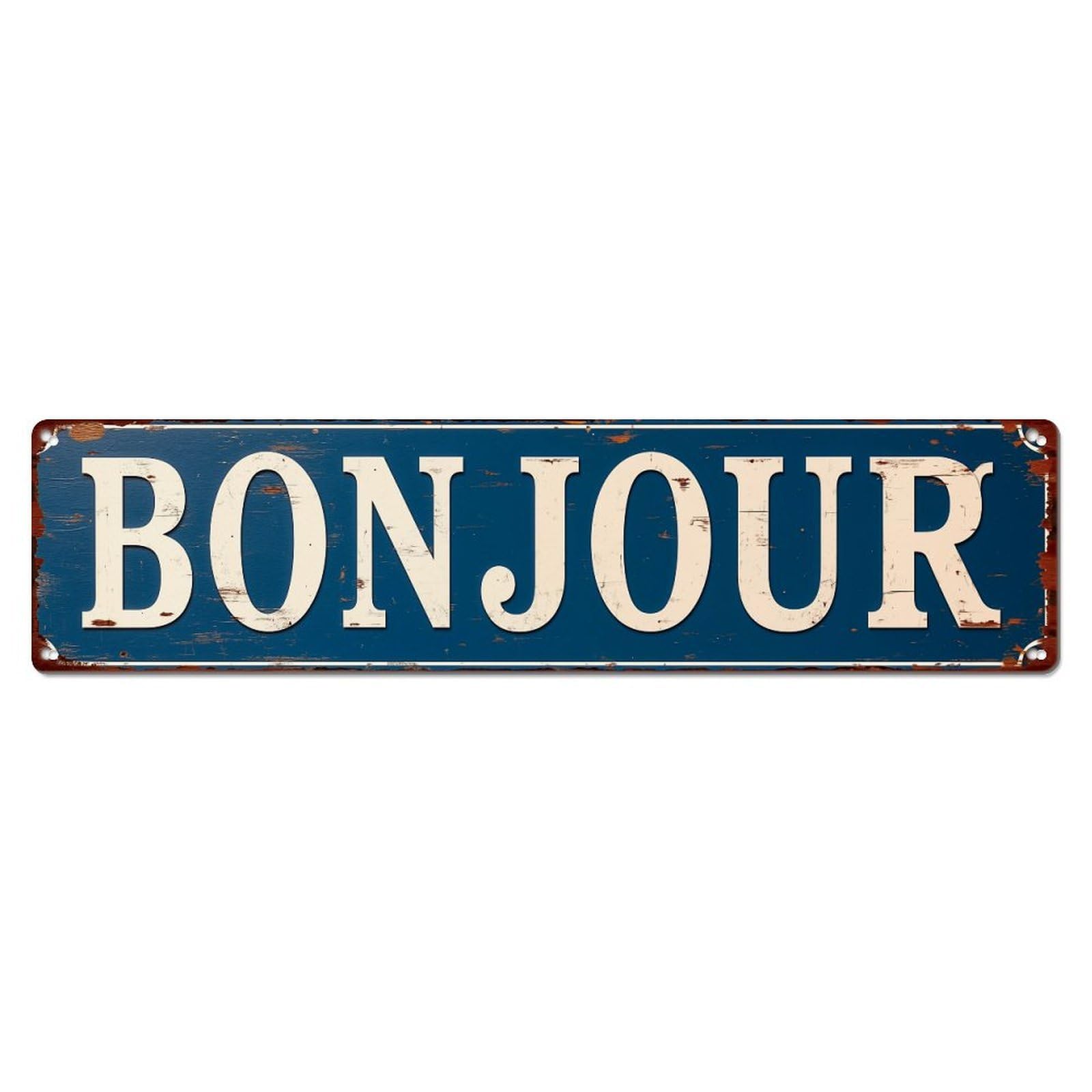 Bonjour Vintage Blue Sign Vintage Metal Tin Sign Retro Wall Decor for Home Bar Garage Cafe, Indoor & Outdoor Decorative Metal Poster, 4x16 Inch