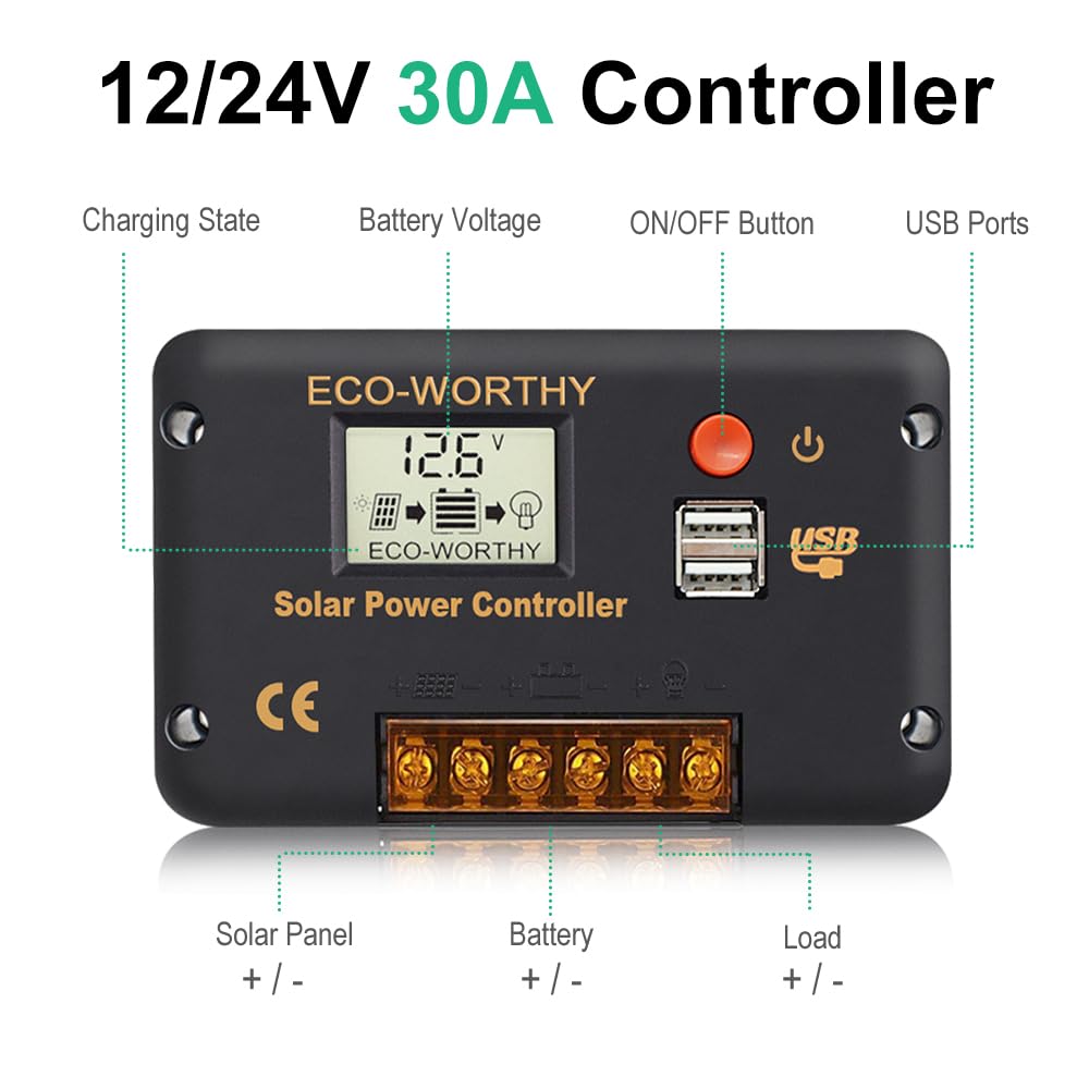 ECO-WORTHY Regulador de Carga Solar 30A 12V/24V Con Dos Puertos USB, Controlador Inteligente de Batería Solar, Pantalla LCD